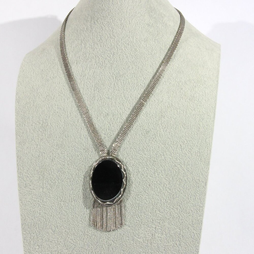 Vintage Whiting & Davis Mesh Chain Large Faux Hematite Pendant Necklace